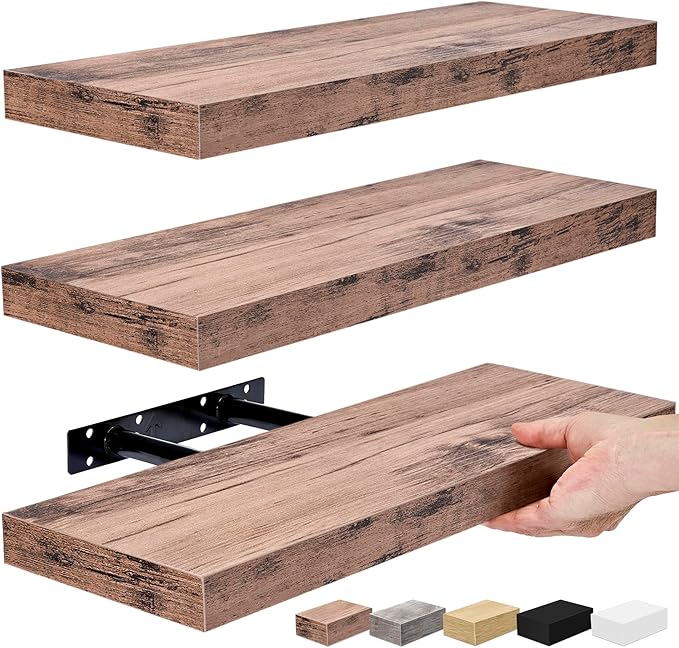 Sorbus Floating Shelves for Wall, Bathroom Shelves Wall Mounted for Kitchen, Bedroom, Bathroom Storage Over Toilet, Hanging Book Shelf for Wall Home Decor Living Room (Mahogany, 3 Pack)
