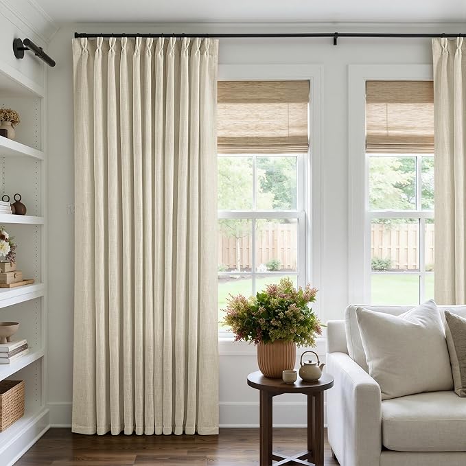 Pinch Pleated Extra Wide Beige Linen Curtain 96 Inches Long 70 Wide 1 Panel | by Twodrapes