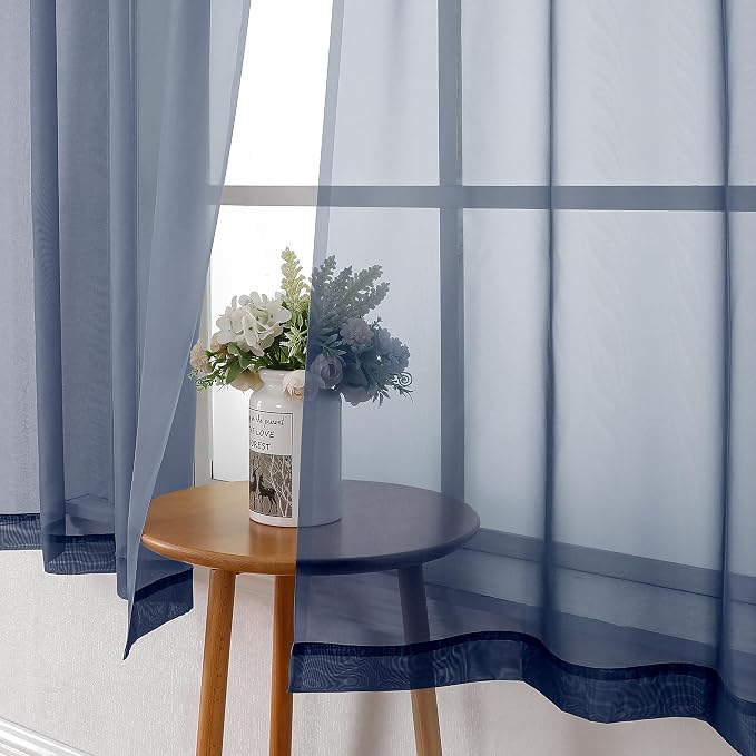 Navy Blue Sheer Curtains 45 Inch Long 2 Panels, Short Voile Drapes - Image 7