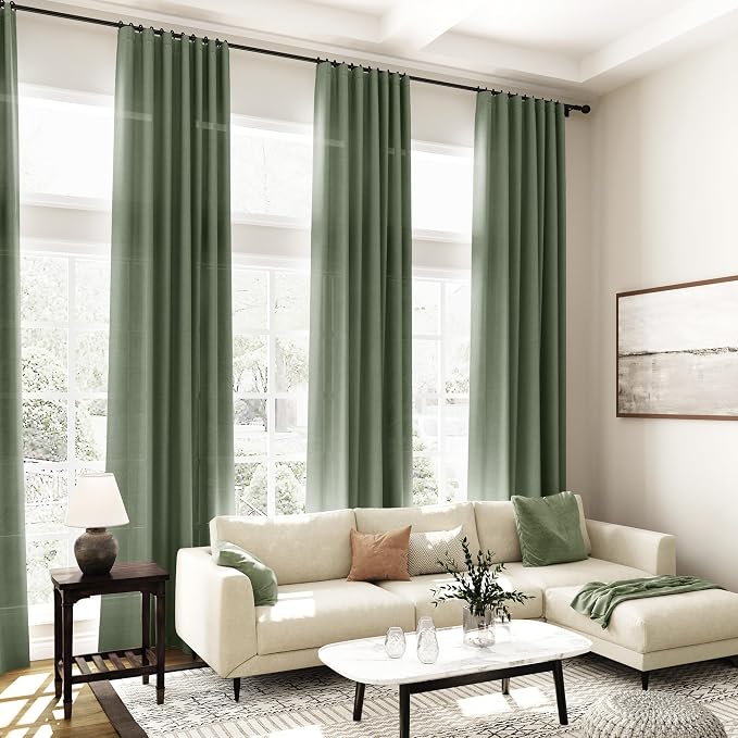 Olive Green Linen Curtains for Living Room 2 Panels Set 100 Inch Length Back - Image 7