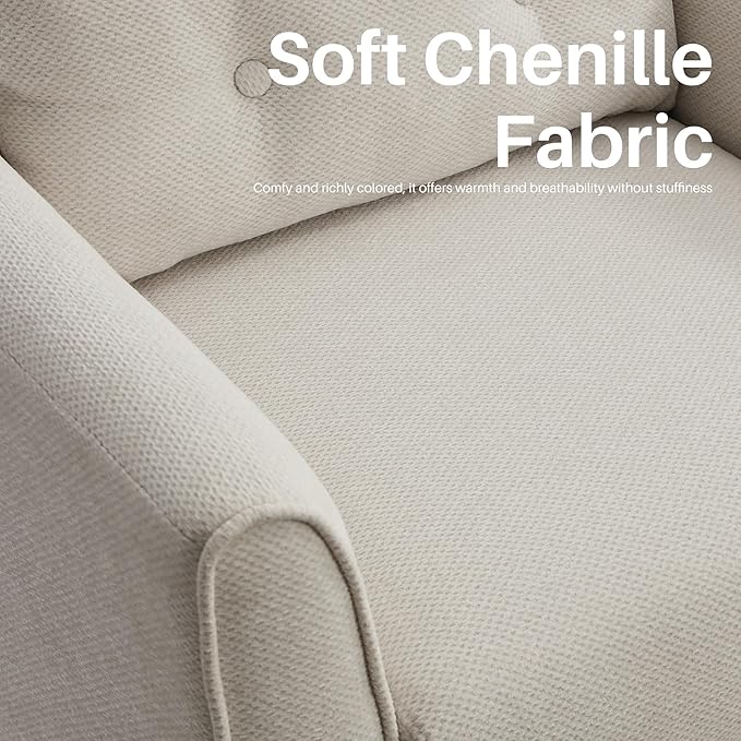 Modern Accent Chair with Wooden Legs Plush Fabric Armchair Chenille Side Single Sofa Chair for Bedroom, Office Cafe Waiting Room Apartment (Beige Armchair)