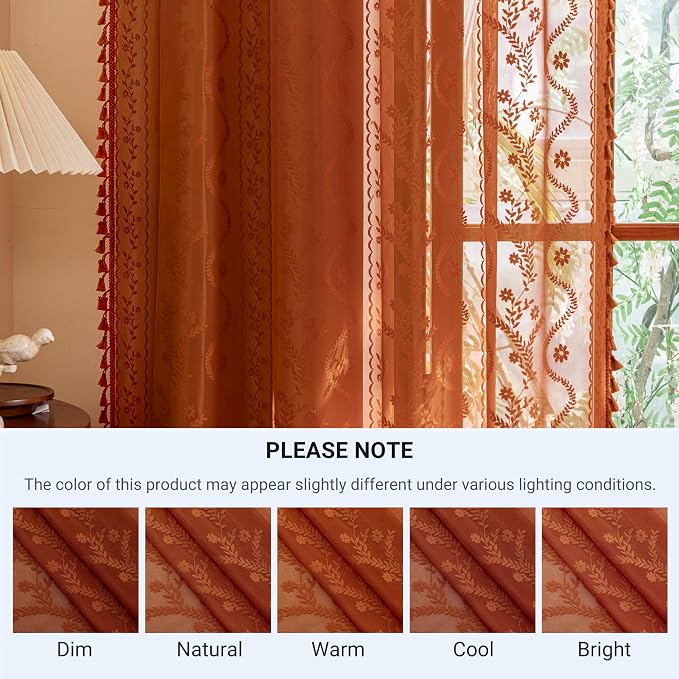 WAZZIO Boho Lace Curtains 90 Inch 2 Panels-Vintage Sheer Panel Drape Floral - Image 9