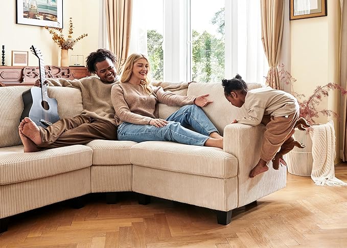 Nolany Corduroy Sectional Couch with Storage Ottoman, Sleeper Sectional Sofa with Chaise, Modular Sectional Couches for Living Room, Beige