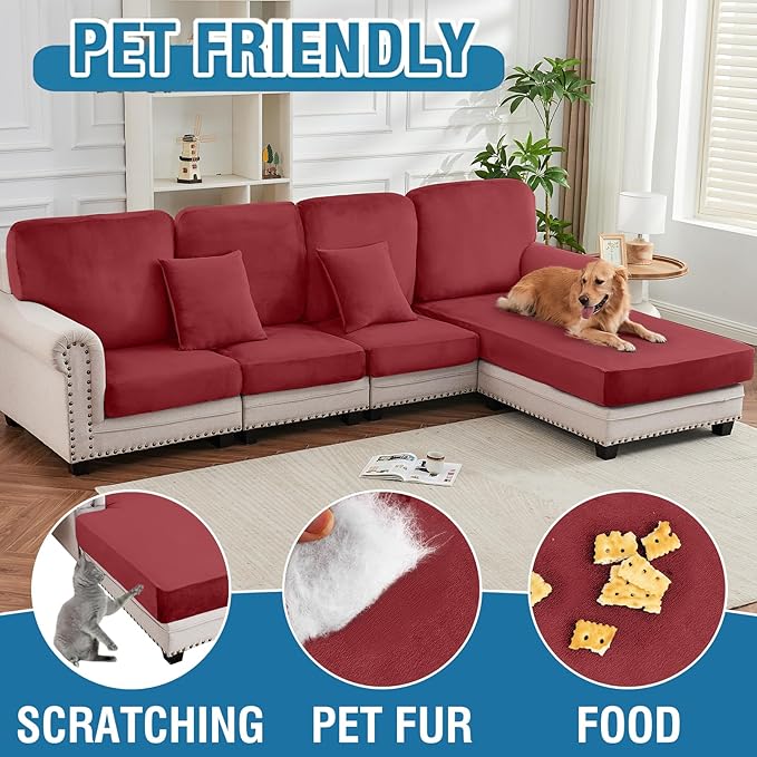 Couch Cover 3-Piece Elastic Velvet Couch Cushion Covers & Chaise Slipcovers - Image 4