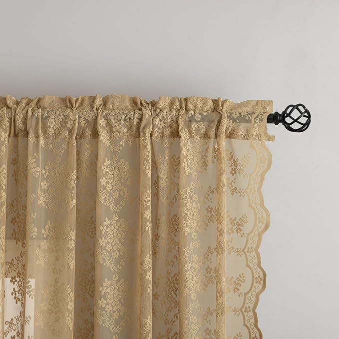YJ YANJUN Vintage Lace Curtains 96 Inches Long-Victorian Floral Pattern Tan - Image 3