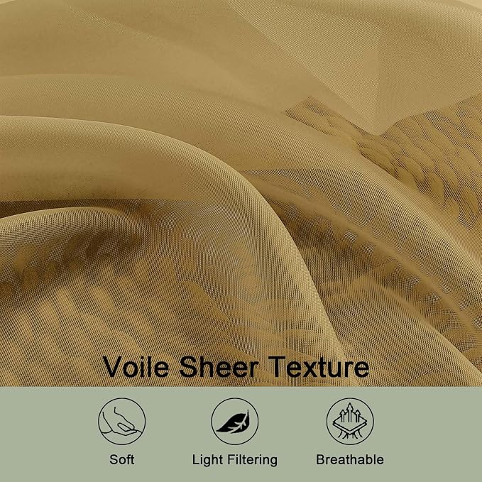 OWENIE Gold Sheer Curtain 90 Inches Long 2 Panels Set, Solid Filmy Drapes - Image 5