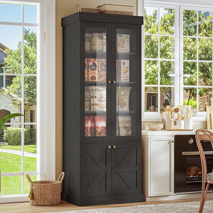 Vyre 71" Tall Farmhouse Bookshelves with Glass Doors, Set of 3 – Large Modular Bookcase with Adjustable Shelves, Storage Cabinet for Living Room, Kitchen, Home Office, Black