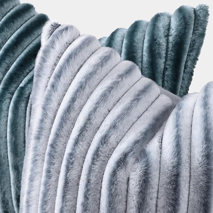 decorUhome Fall Faux Fur Throw Pillow Covers 22x22 Set of 2 Grey White | - Image 2
