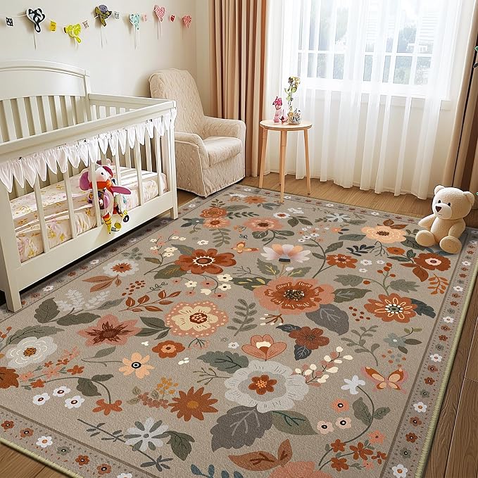 RELEANY Floral Washable 9x12 Area Rugs Brown/Brick | Flower Carpet Print Boho - Image 6