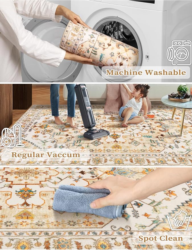 SERISSA Boho Washable Runner Rug, 2x5 Rug Runner Non-Slip Vintage Light Yellow - Image 2