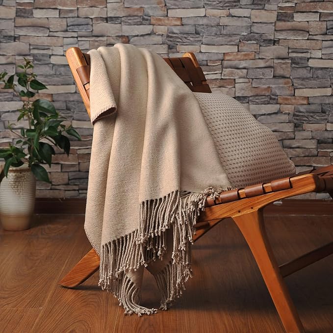 CUDDLE DREAMS Silk Throw Blanket with Hand-Knotted Fringe, Natural, Soft & Breathable (Taupe)