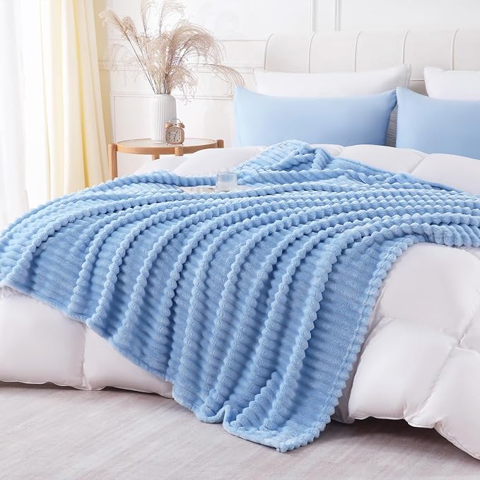 Light Blue Throw Blanket for Couch Sofa 90x90 inches Striped Design | Fleece by Unknown