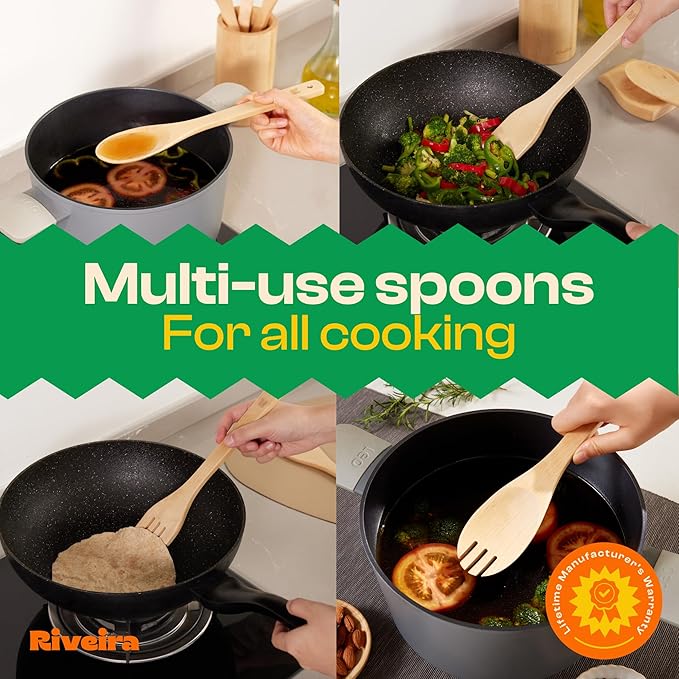 Riveira Maple Wooden Spoons for Cooking Set of 9 – Natural Maple Wooden Cooking Utensils, Wooden Spatula, Wooden Spoon - Premium Quality Wooden Utensil Set for Non-Toxic Cooking