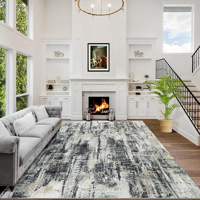 9x12 Area Rugs for Living Room: Washable Abstract Black Grey Gold Carpet | by GENTDRIZZ