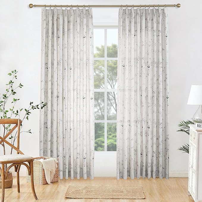 Pinch Pleated Floral Linen Curtains, 52 Inch Wide by 88 Inch Long Printed Curtains for Privacy Light Filtering, Suitable for Living Rooms and Sunrooms.2 Panels
