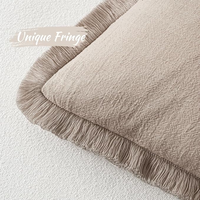 MIULEE Boho Natural Linen Fringe Decorative Throw Pillow Covers 16x16 | Set of 2 - Image 3
