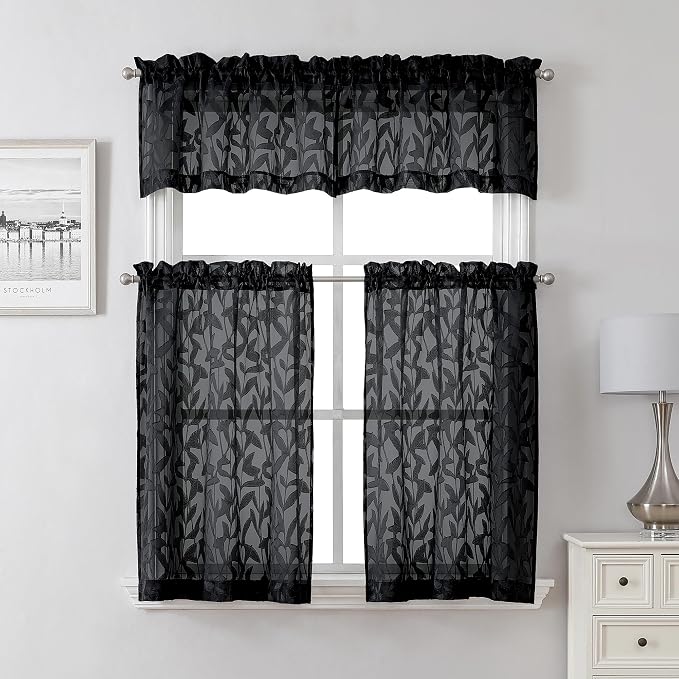 Lecloud Leia Black Valances Sheer Cafe Curtains 24 Inch Length 2 Pieces - Image 2