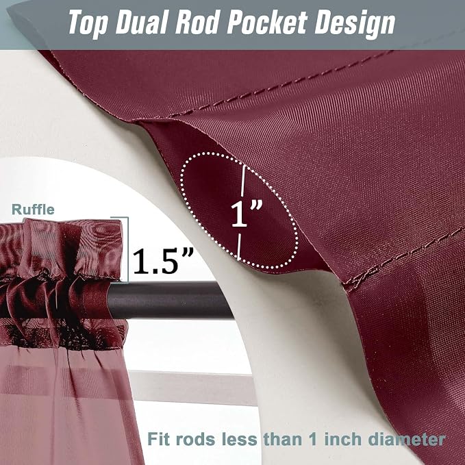 Burgundy Window Sheer Curtains 54 inch Length, Soft Airy Light Filtering Sheer - Image 3