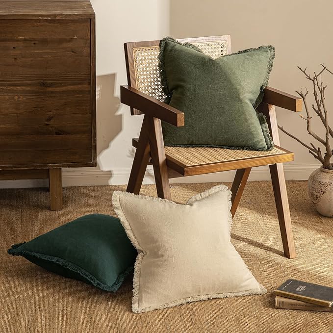 MIULEE Linen Fringe Decorative Euro Throw Pillow Covers Olive Green 26x26 | Set - Image 4
