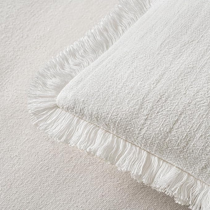 MIULEE Boho Linen Fringe Decorative Lumbar Throw Pillow Covers White 12x20 | - Image 3