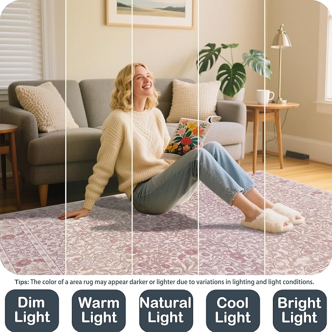 Vintage Pink Living Room Rug, 5x7 Washable Area Rugs - Image 4