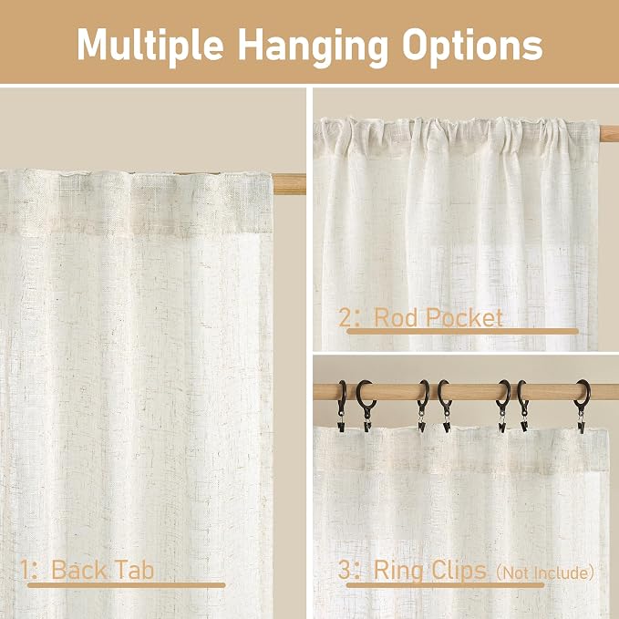 Semi Sheer Cream Linen Curtains 36 Inch Length 2 Panels 34x36 Inch | Light - Image 3