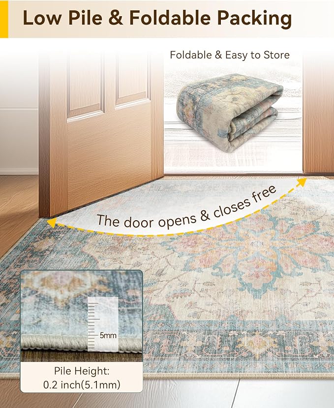 Area Rugs 8'x10' Washable Non-Slip, Floral Vintage Distress Print Pattern - Image 4