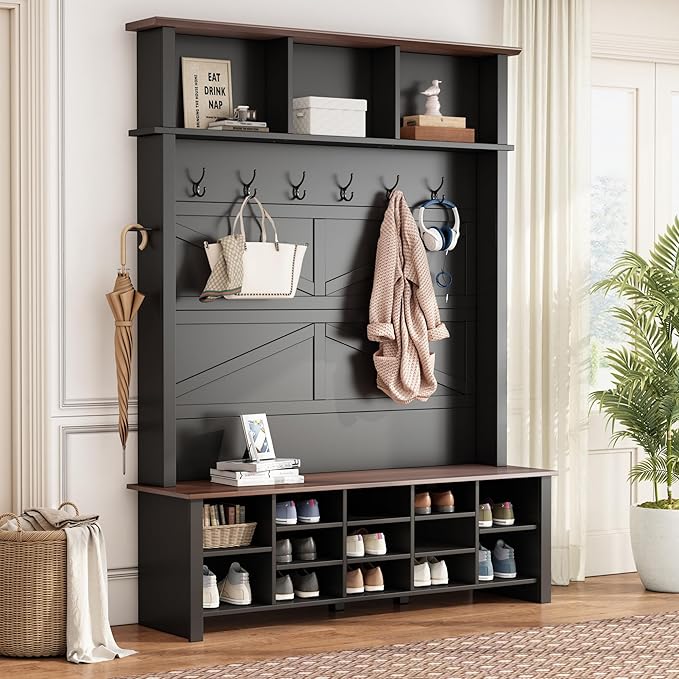 Ball & Cast 4-in-1 Hall Tree with 6 Hooks,Walnut Entryway Bench with Adjustable Shelves,Rustic Shoe Organizer with 16 Open Compartments,for Mudroom,Living Room,Hallway,Black