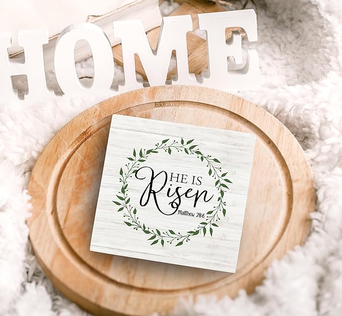 SRADMO He Is Resen Wood Box Sign Desk Decor, Christian Decor Wooden Sign Decoration For Home Office, Wooden Sign Decorations Indoor, Christian Signs For Home Decor Shelf Table Decor