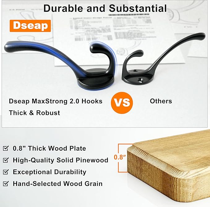 Dseap Wall Mounted Coat Rack: 38-1/4" Long, Patented, Heavy-Duty, 10-Double-Hooks Wooden Hanger Rail for Winter Coats, Hat, Jacket, Clothing - Natural & Black
