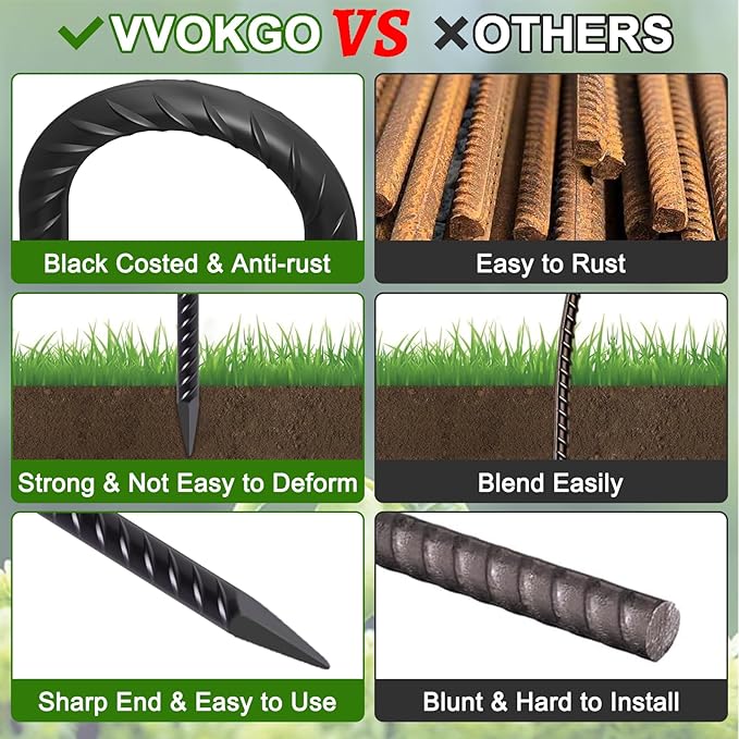 VVOKGO Rebar Stakes 12 Inches J Hook Heavy Duty Chain Link Fence Stakes, 8 Pcs Metal Long Tent Spikes Ground Anchors for Wire Fencing, Dogs Digging, Camping Tents, Swings, Greenhouse, Black