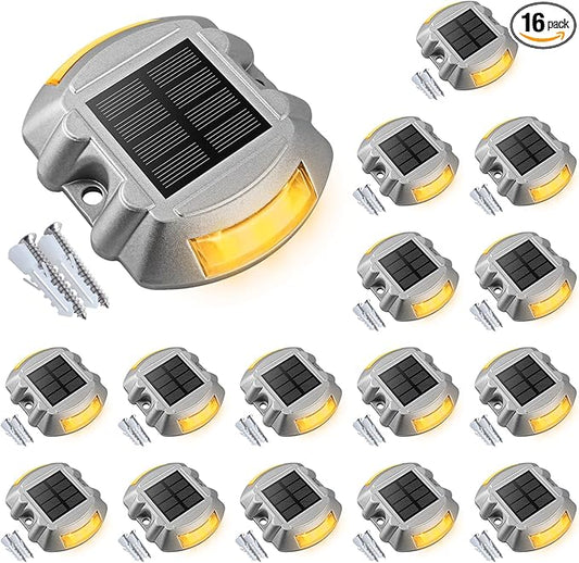 VOLISUN Solar Deck Lights, 16-Pack Led IP67 Waterproof Outdoor Warning Step Lights for Driveway, Sidewalk, Garden Pathway, Yard (Warm White)