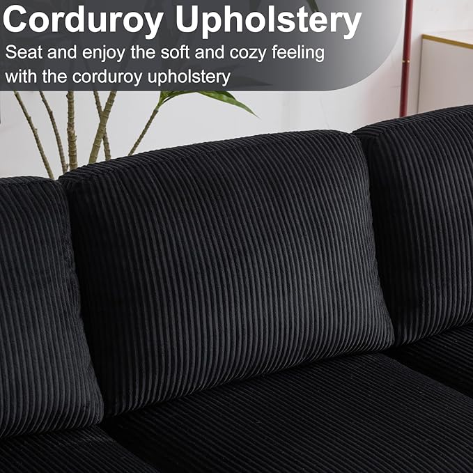 Karl home U-Shape Sectional Sofa Couch 111" Modern 4-Seat Sofa with Chaises Corduroy Fabric Upholstered Covertible Couch with Wood Grain Legs for Living Room, Reception Room, Apartment, Black