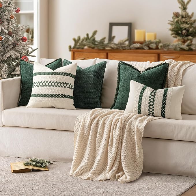 MIULEE Set of 2 Dark Green Boho Christmas Decorative Pillow Covers 20x20 Inch - Image 3