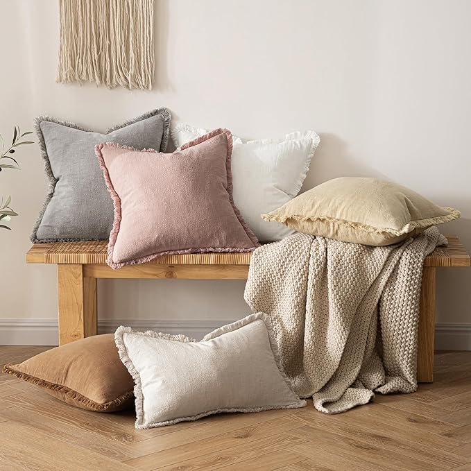 MIULEE Decorative Throw Pillow Covers Neutral Linen Fringe Throw Pillows Set of - Image 5