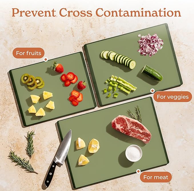 SMIRLY Plastic Cutting Board Set with Holder 4 Pieces, Non-Slip Dishwasher Safe Chopping Boards for Kitchen, Green