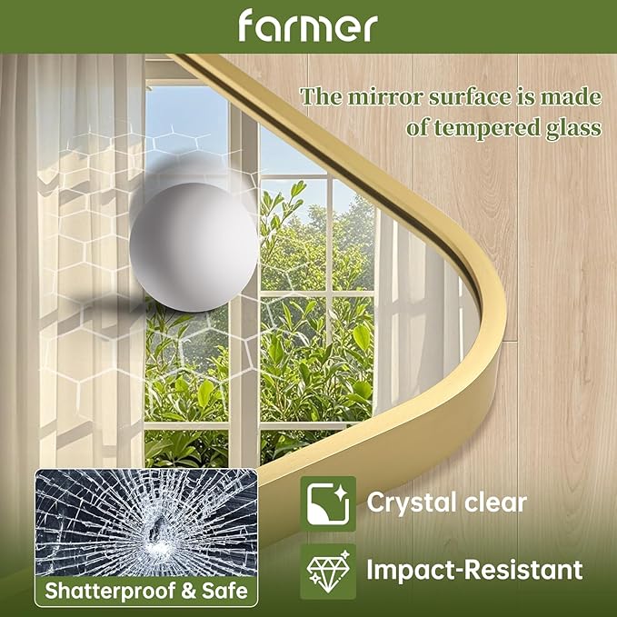 FARMER 30x36 Inch Gold Bathroom Mirror, Rectangle Vanity Mirror, Brushed Mirrors for Wall, Metal Frame Hanging Mirror with Round Corner for Bedrooms, Entryways, Living Rooms, Horizontal/Vertical