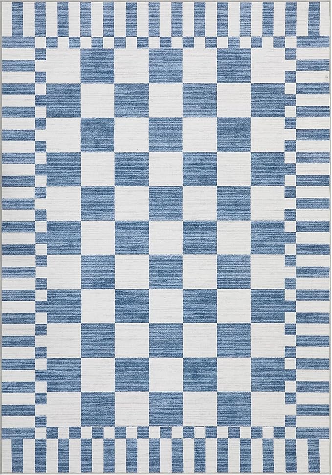 GarveeHome 8x10 Area Rugs Geometric Washable Modern Dark Blue Checkered Rug | - Image 6