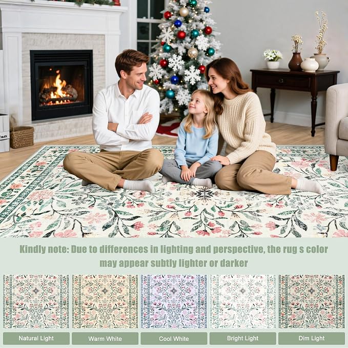 PLHXFR Area Rug Living Room: 5x7 Floral Washable Boho Carpet Green Beige | - Image 9