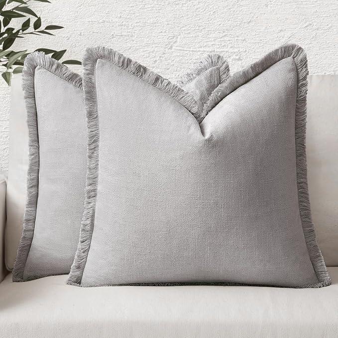 MIULEE Boho Linen Fringe Decorative Throw Pillow Covers Light Grey 18x18 | Set by MIULEE