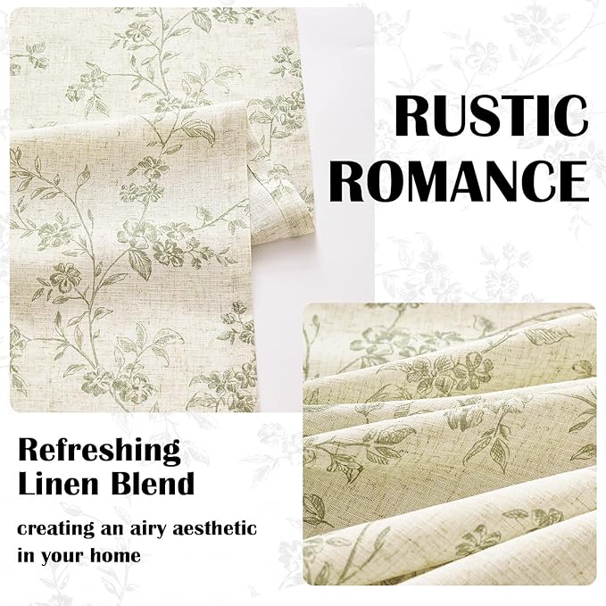 Lazzzy Green Floral Curtains 84 Inch Length Linen Farmhouse Curtain Back Tab - Image 4