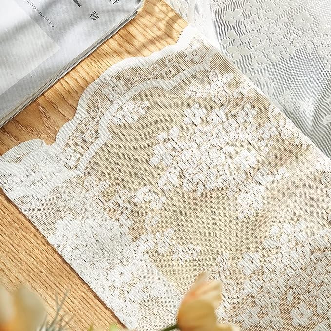 YJ YANJUN Vintage Lace Curtains 80 Inch Length Victorian Floral Cream Sheer - Image 5