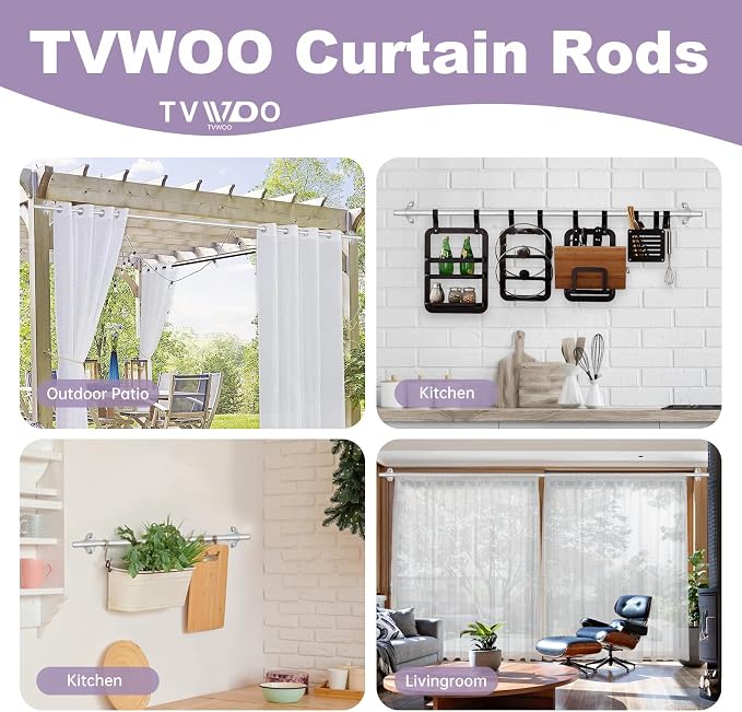 TVWOO Silver Wrap Around Curtain Rods:5/8 Inch Blackout Adjustable Window - Image 5