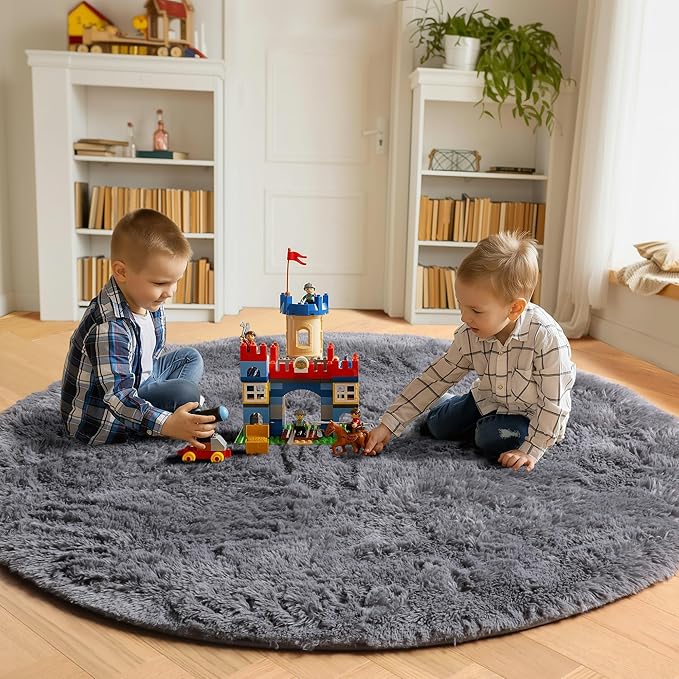 Grey Round Area Rugs 6ft, Fluffy Gray Soft Bedroom Circle Rug - Image 4