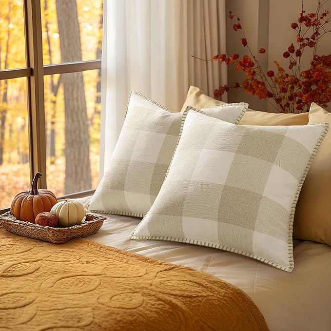 decorUhome Buffalo Plaid Check Fall Throw Pillow Covers 16x16 Set of 2, Outdoor Decorative Farmhouse Pillow Covers with Stitched Edge for Bed Couch Sofa, Cream White and Beige