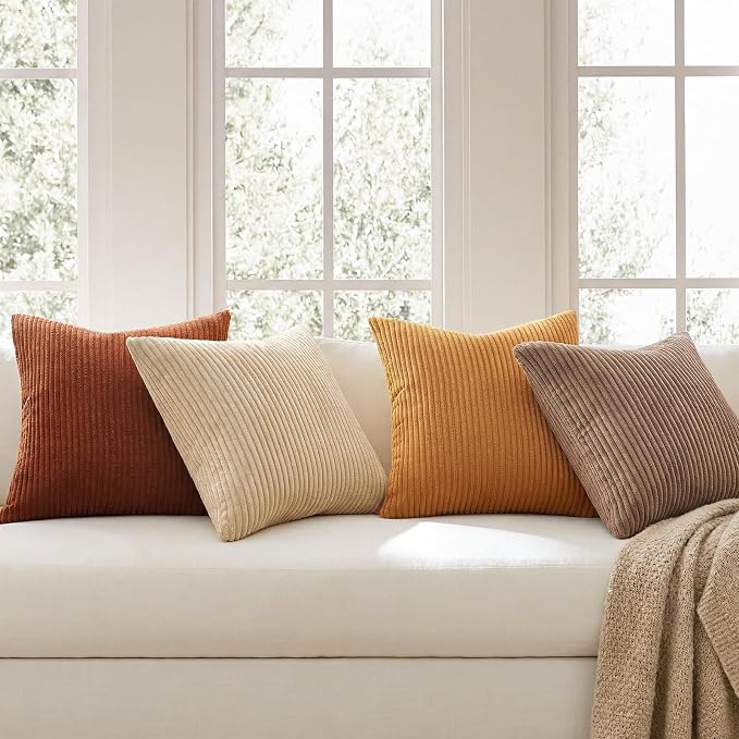 Topfinel Yellow Brown Throw Pillow Covers Rustic Modern Soft Corduroy Striped - Image 3