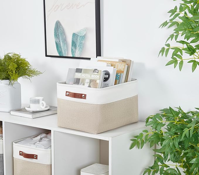 DECOMOMO Storage Baskets for Shelves - Fabric Closet Organizers and Storage Bins, Perfect Baskets for Organizing Closet Toys Nursery (Beige and White, XL - 3 Pack)