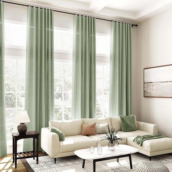 Sheer Light Sage Linen Curtains 102 Inches Long Rod Pocket Back Tab Drapes 2 - Image 7