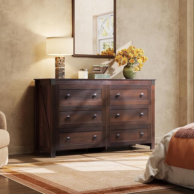 WLIVE Farmhouse 6 Drawer Dresser for Bedroom, 53.07'' Wide Wood Dresser, Storage Organizer with Double Rustic Handle, TV Stand for 60 inch TV, Chest of Drawers for Living Room, Hallway, Brown