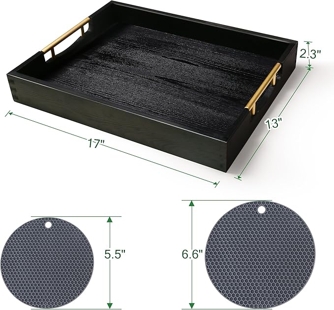 LotFancy Wood Serving Tray, 17x13”, Large Ottoman Tray with Metal Handles, Decorative Wooden Tray for Living Room, Ottoman, Coffee Table, 2 Skidproof Coasters Included, Black